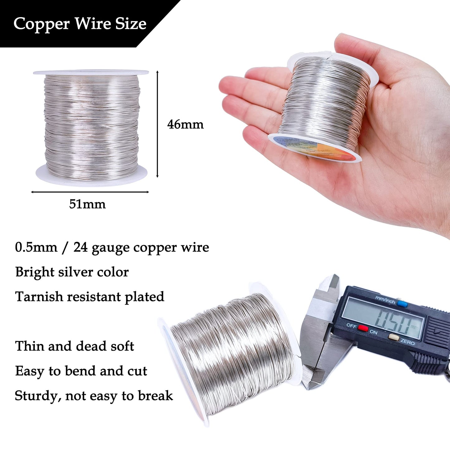 203 Feet Tarnish Resistant Copper Wires 24 Gauge/0.5mm Jewelry Craft Wires Beading Wire for Jewelry Making, Wire Wrapping and Crafting(Silver)