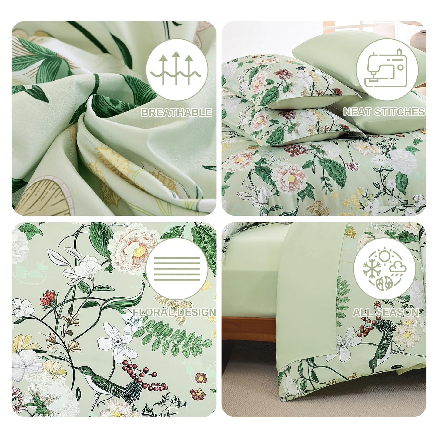 Anibedding 7Pieces Floral King Size Comforter Set, Green Garden Plant Style Bed in a Bag Flower Bedding with Pillow Case for Bedroom