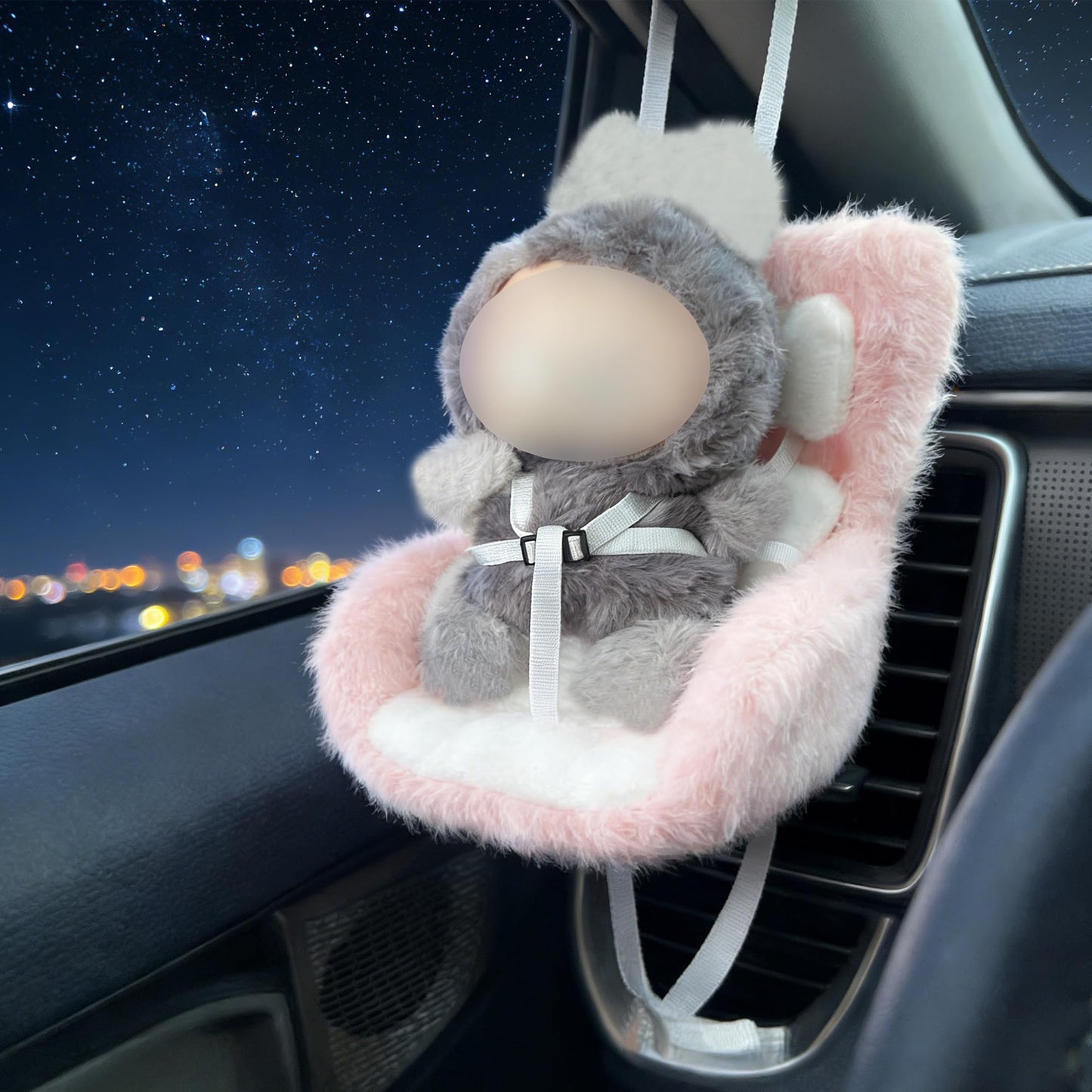 SwiftServ Doll Car Seat for 3–8 inch Figures, Fits Character Plushes, Blind Box Dolls & Vinyl Collectibles, Includes Air Vent Clip & Desktop Stand, Car Ornament for Collectors (Strawberry Ice Cream)