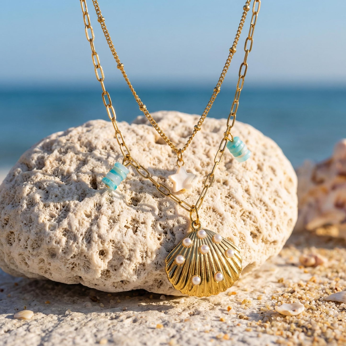 Harlermoon Gold Starfish Necklace for Women - 18K Gold Plated Stainless Steel Ocean Beach Jewelry, Sea Turtle Shell Pearl Pendant, Waterproof Non Tarnish Snake Chain Choker, Summer Vacation Mermaid Gifts (Shell Pearl Star)