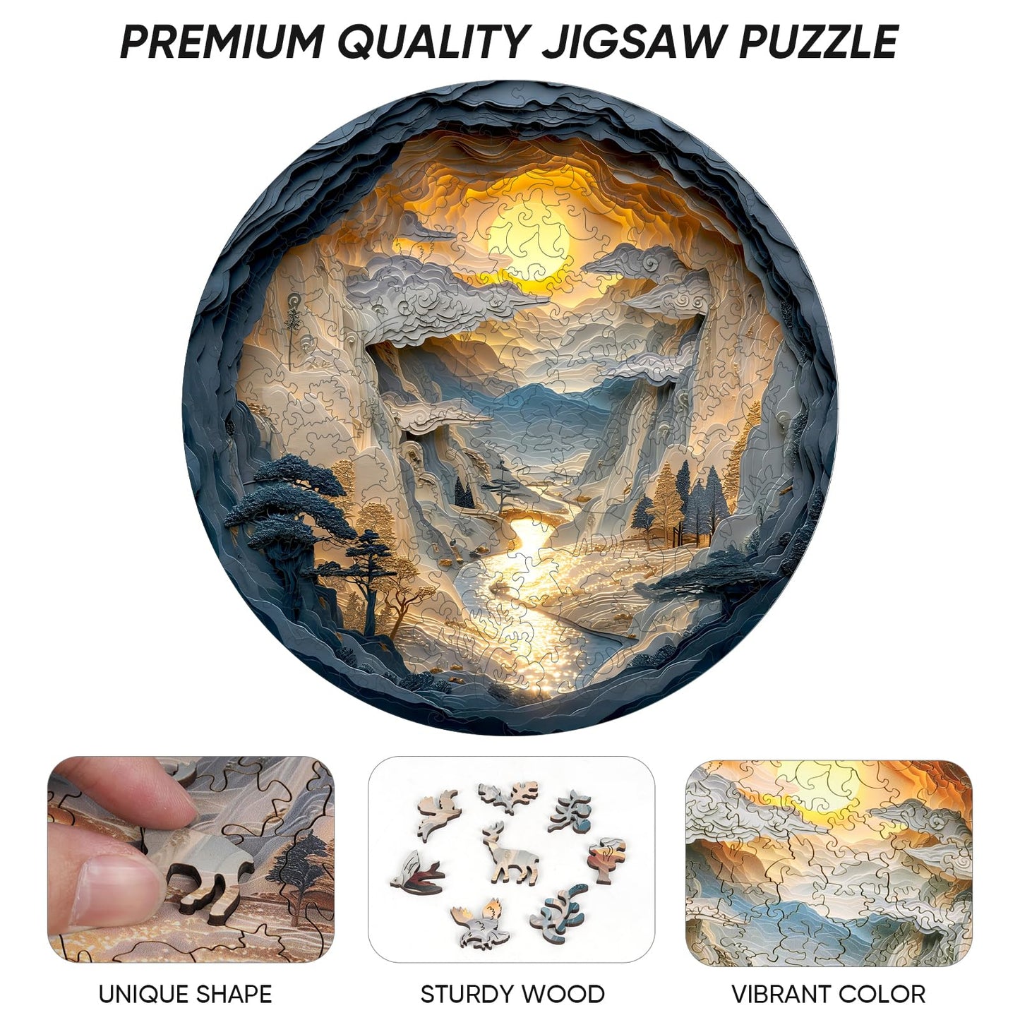Qiuenisray 3D Vision Effect Sunset Wooden Puzzle 200 Piece, Mountains Rivers Bright Jigsaw Puzzle, FSC Certified Wood Puzzle, Beautiful Wall Decor, Creative Gift Family Game 11.2x11.2 in
