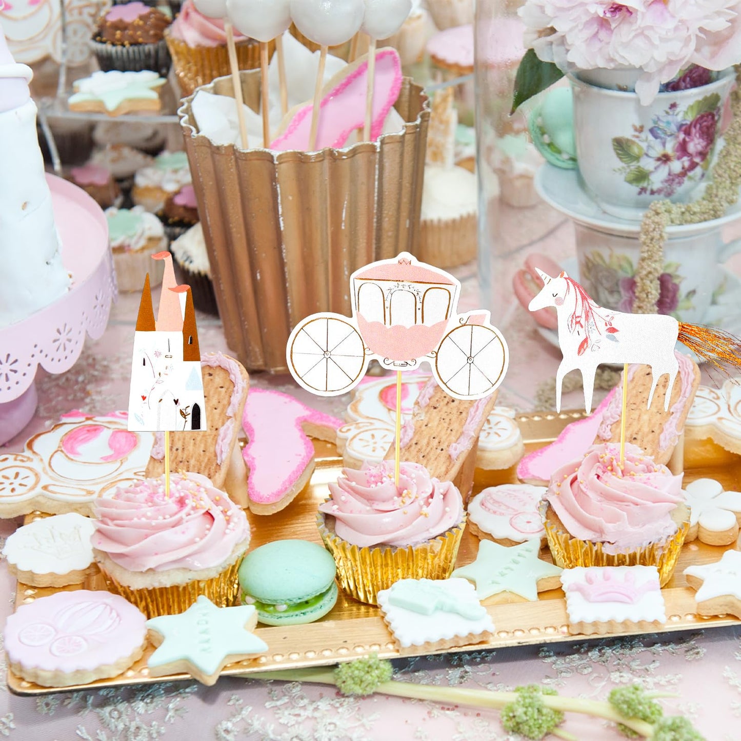Humyoun 48 Pcs/24 Sets Unicorn Princess Cupcake Toppers Kit Includes 24 Cupcake Toppers and 24 Floral Cake Cup Unicorn Theme Party Supplies for Birthday Wedding Princess Theme Party Baby Showers