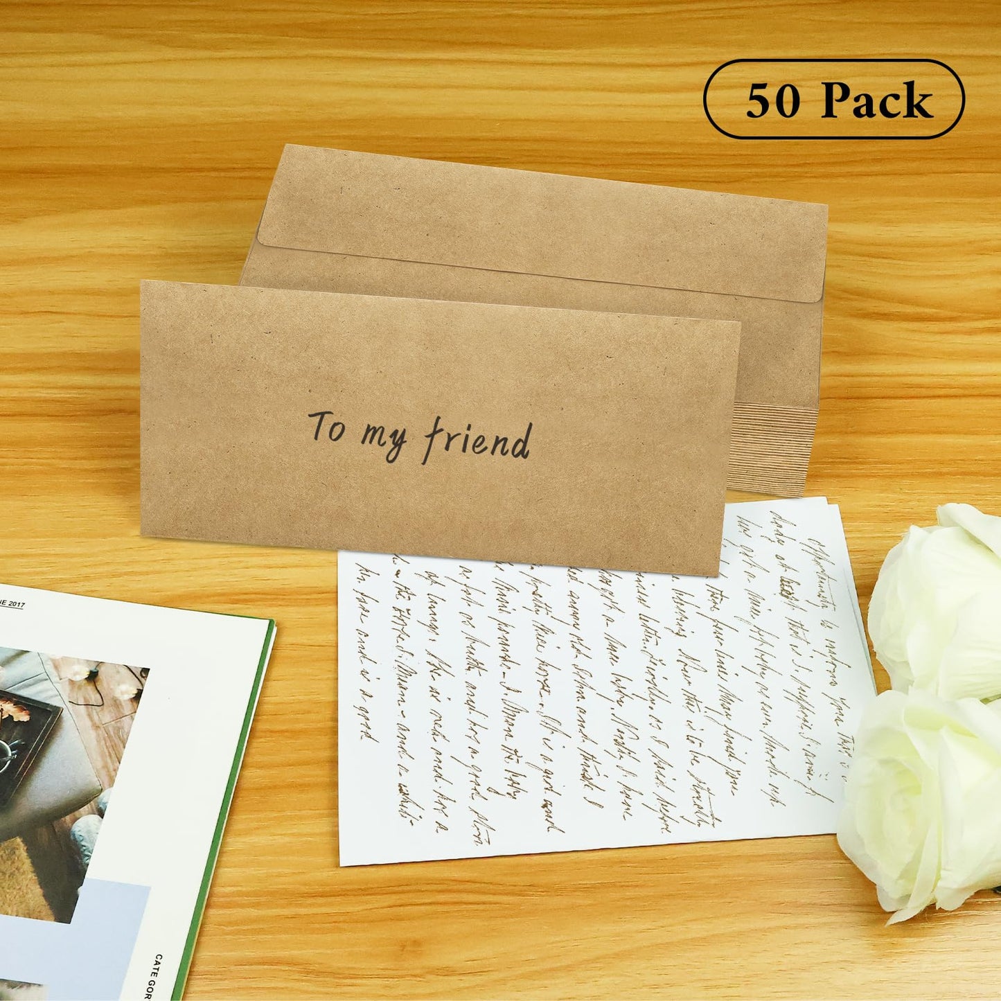 50 Pack #10 Business Envelopes, Brown Kraft Standard Envelopes Self Seal, Letter Size Mailing Envelopes for Checks Letters Invoices Christmas Birthday Graduation Wedding, 4 1/8 x 9 1/2 Inch