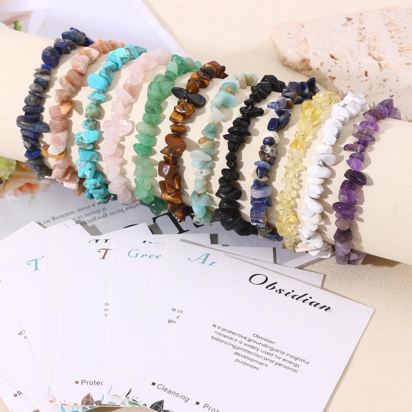 SONNYX 12 PCS Crystals Chip Bracelets Set for Women Natural Gemstone Bracelets Colorful Gravel Bead Bracelets Irregular Chips Beads Bracelet Reiki Stretch Beaded Bracelets Jewelry