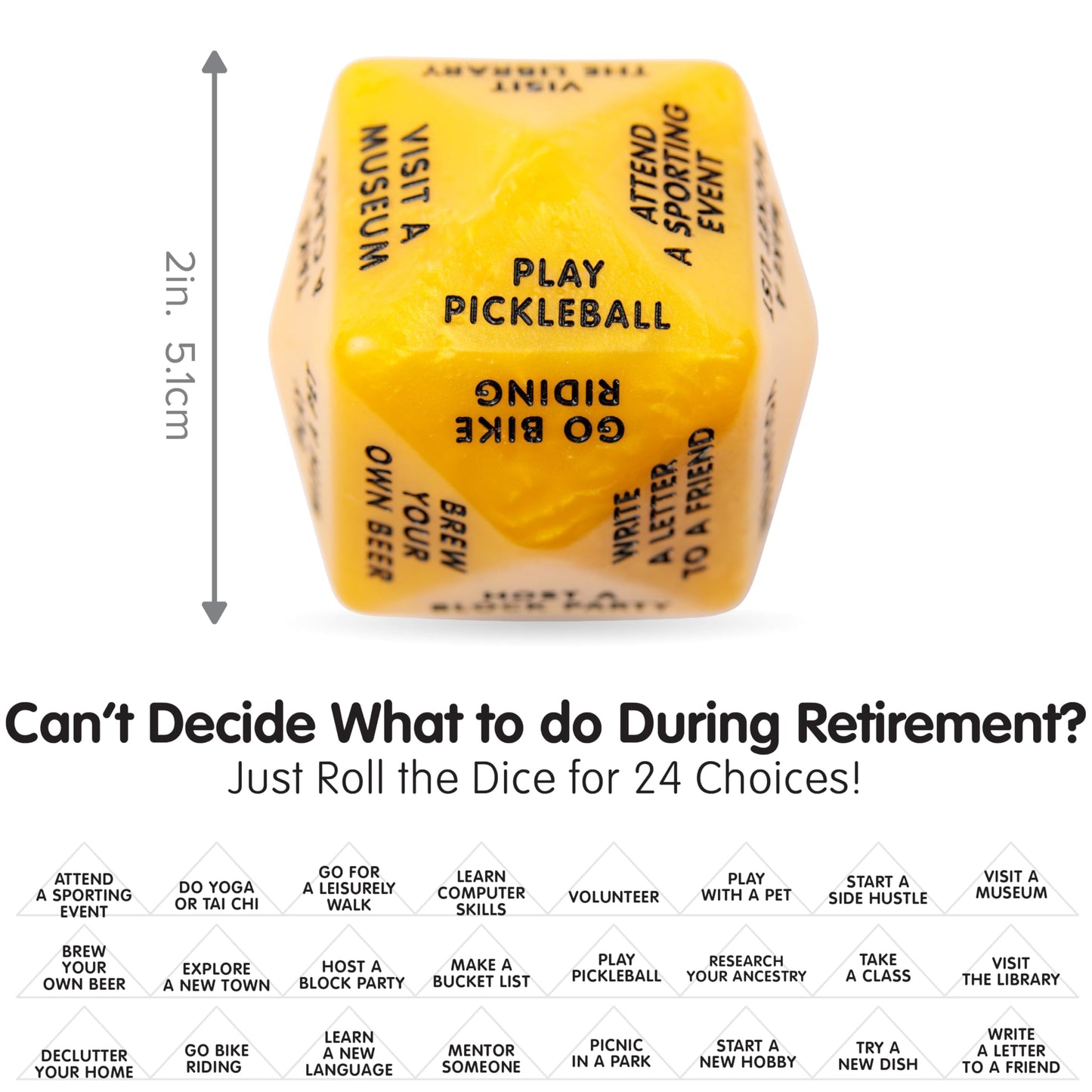 Retirement Gift Decision Dice – Funny Retirement Game for Men & Women (Yellow), Novelty Retirement Dice with Activity Ideas, Gag Gift for Coworker, Boss or Friend, Party Game for Retirees