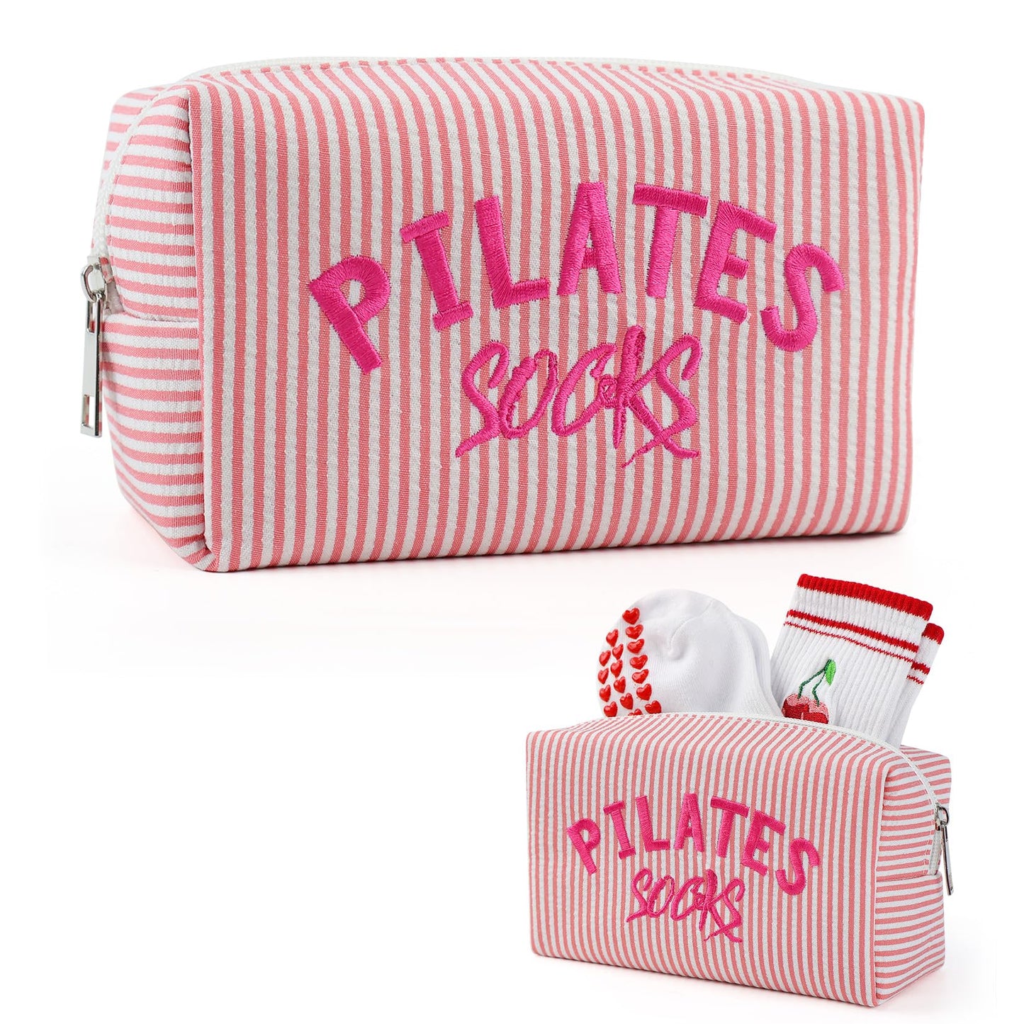 TIFFYONEK Pilates Grip Socks Bag - Embroidered Seersucker Pouch for Women - Cute Makeup Cosmetic Organizer & Gym Bag Accessory for Barre, Yoga, Reformer Studio - Pilates Princess Gifts (Pink Stripe)