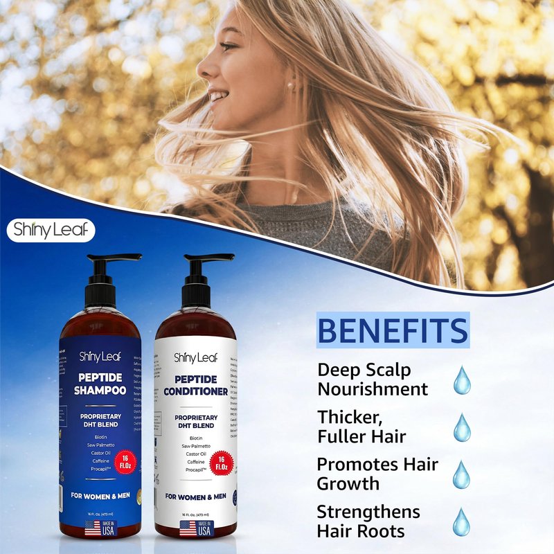 Shiny Leaf Peptide Shampoo and Conditioner Set - Biotin Hair Care with Caffeine & Saw Palmetto - Sulfate Free Thickening Formula for Men & Women - Safe for Color Treated Hair - 16 fl oz (Pack of 2)