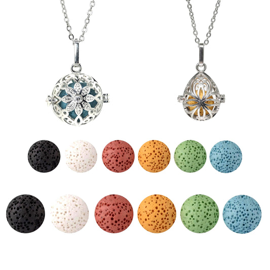 2 PCS Aromatherapy Essential Oil Diffuser Necklace Hollow Ball and Colored Lava Stone Pendant Necklace for Women