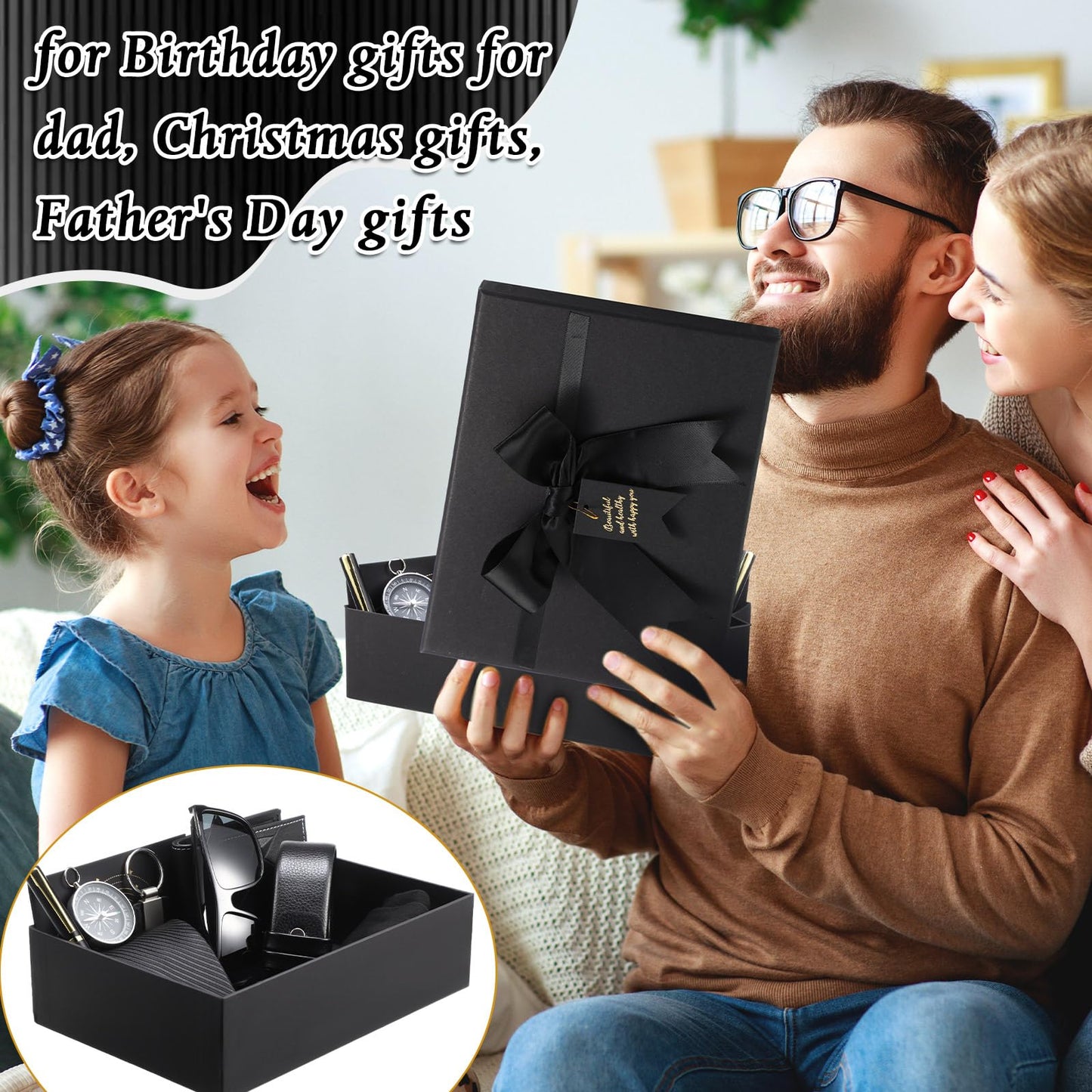 Geyoga 12 Pcs Men Father's Day Birthdays Gift Set with Box for Men Dad Basket PU Leather Wallet Leather Toiletry Bag Tie Socks Belt Keychain Sunglasses Pen Compass Set(Black)