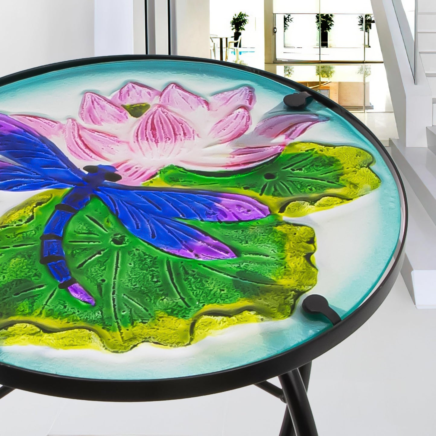 Weibefee Lotus-Leaf Dragonfly Small Patio Table,Outdoor Side Bar Table, 10 Inch Metal Glass End Table for Porch Garden Yard Pool Living Room Mother's Day Decor, Mother's Day Decoration Gift