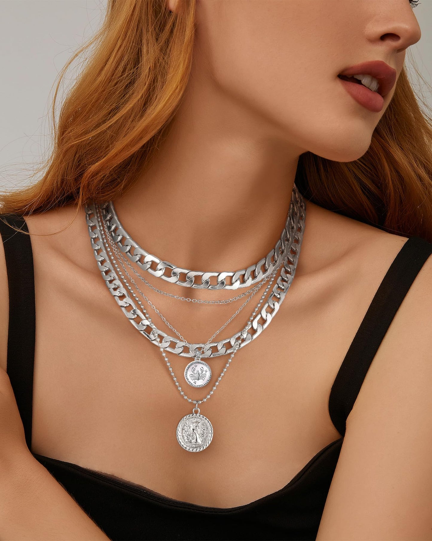 MJartoria Gold Layered Necklaces for Women Trendy Retro Coin Pendant Necklace Dainty Chunky Chain Choker Necklaces for Jewelry Birthday Gifts (Silver, Zodiac-Cancer-3PCS Layered)