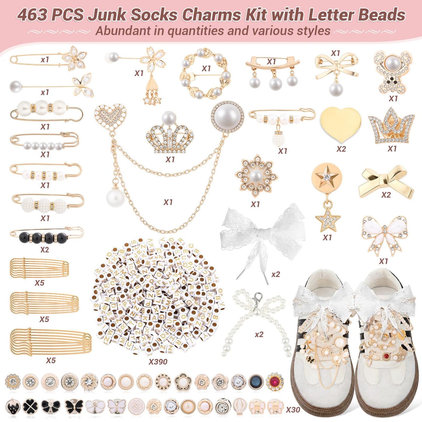 463 Pieces Junk Socks Charms Kit – Shoe Charms for Sneakers with Letter Beads, Safety Pins, Gold Brooches, Lace Shoelaces, Bead Embellishments, DIY Personalization Shoe Sock Accessories for Women