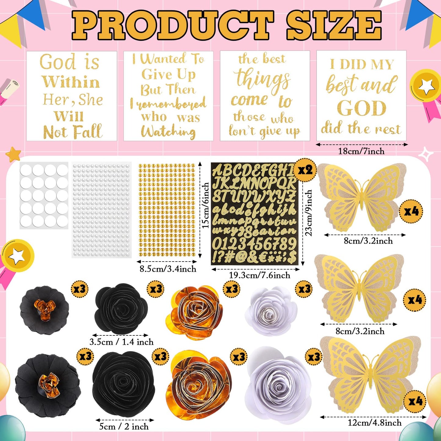 Feifeiya 44 Pcs DIY Graduation Cap Decoration Accessory Kit Faux Paper Flower Head Graduation Quote Glitter Sticker 3D Butterfly Pearl Rhinestone Sticker for Grad Cap Topper Gift (Black Gold)