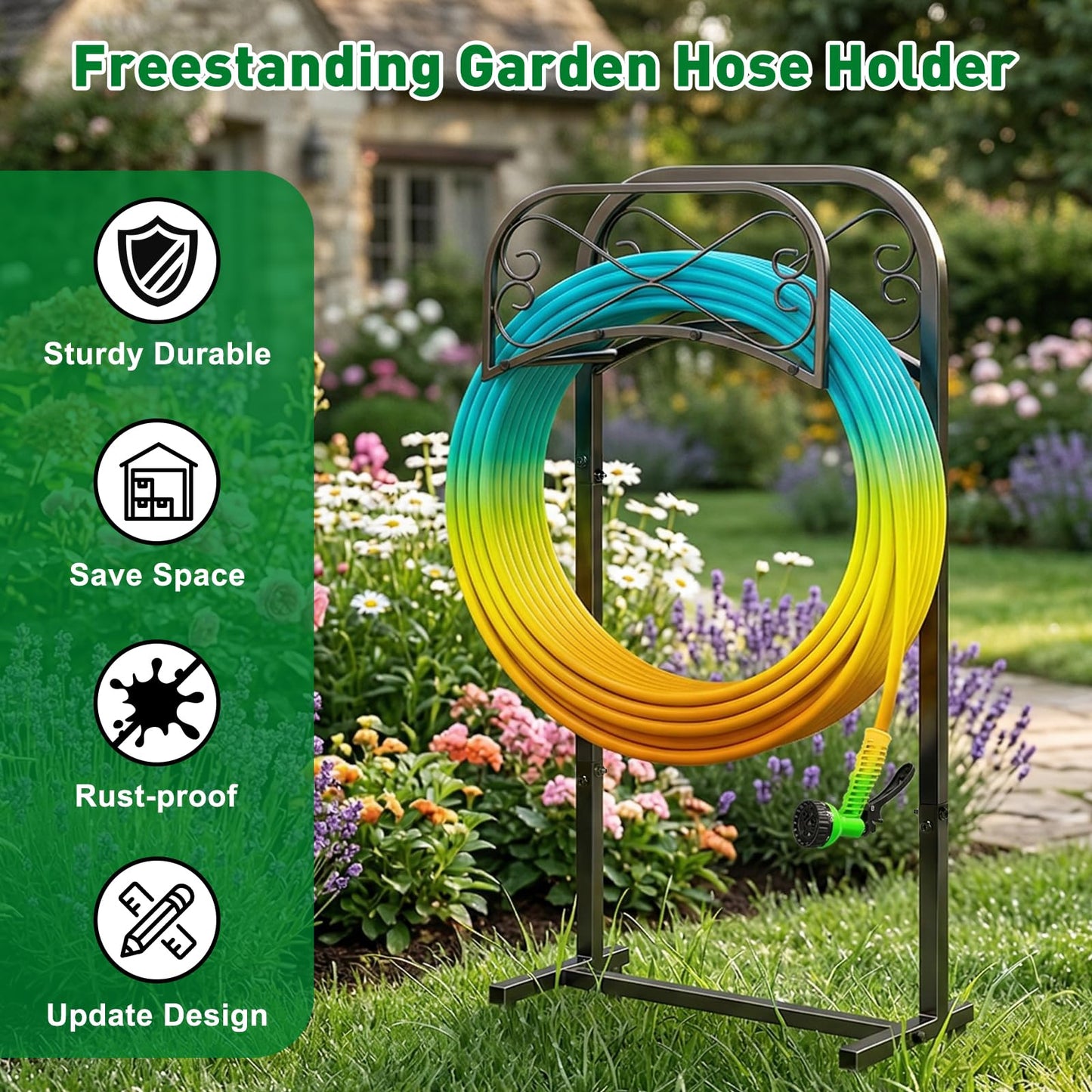 Gtongoko Garden Hose Holder for Outside 43 In With 4 Prongs Base Detachable Metal Water Hose Holder Freestanding Heavy Duty Organizer Holds 150FT Stand Hanger for Outdoor Yard Black