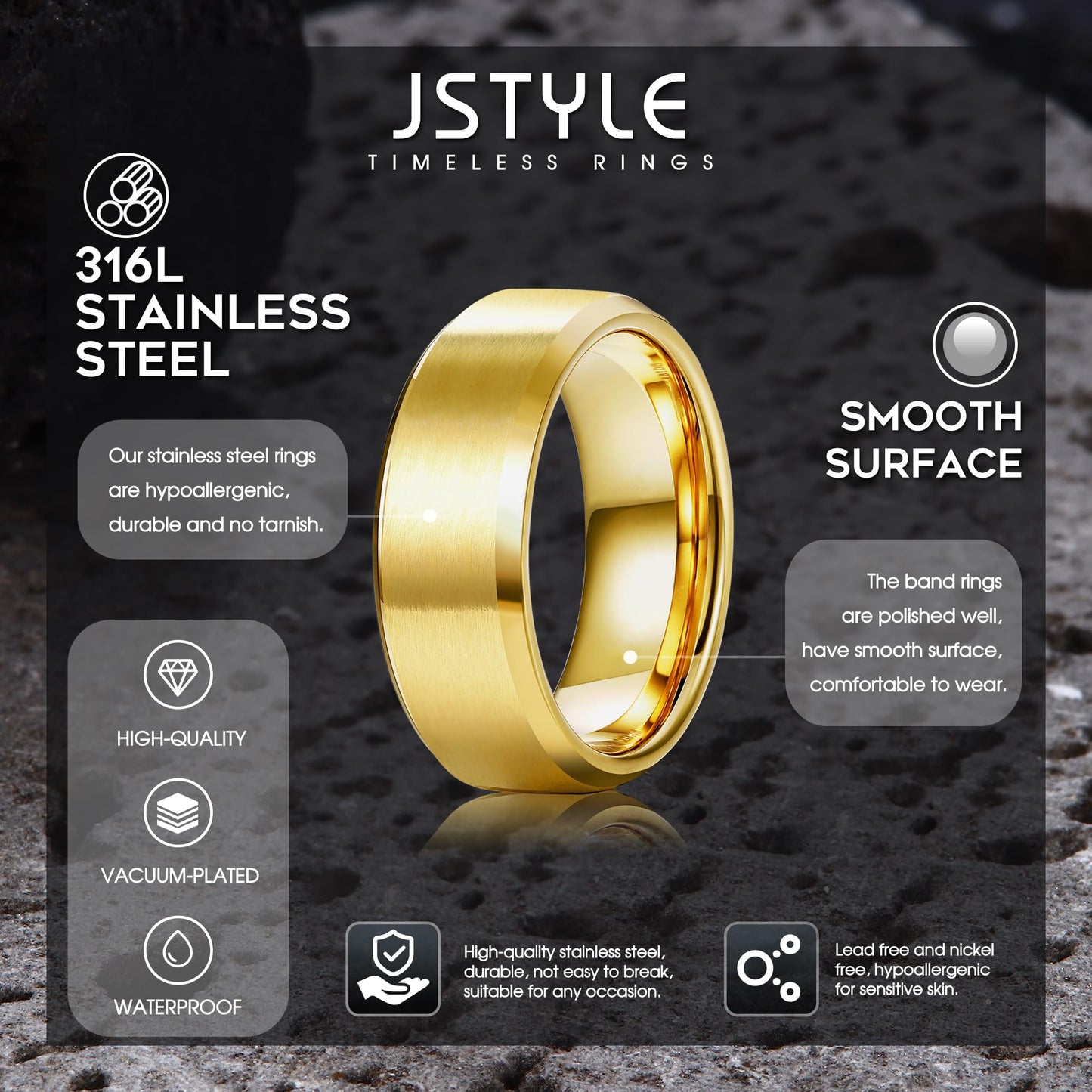 Jstyle Stainless Steel Rings for Men Women 8MM Wedding Band Rings Matte Surface - Beveled Polished Edge Mens Ring Size 10 18K Gold Plated Ring for Men