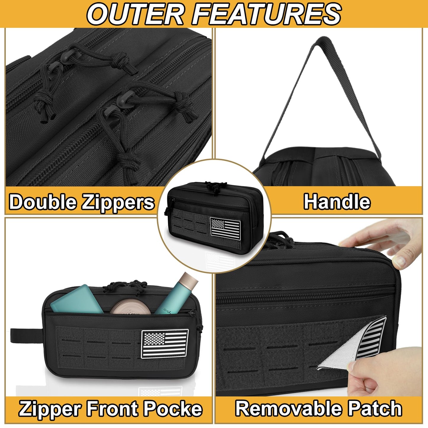 KOZEVARNY Tactical Toiletry Bag For Men,Molle Utility Pouches with US Flag Patch and Keychain,EDC Tool Pouch Bag, Mens Shaving Kit Travel shower Bags (Black)