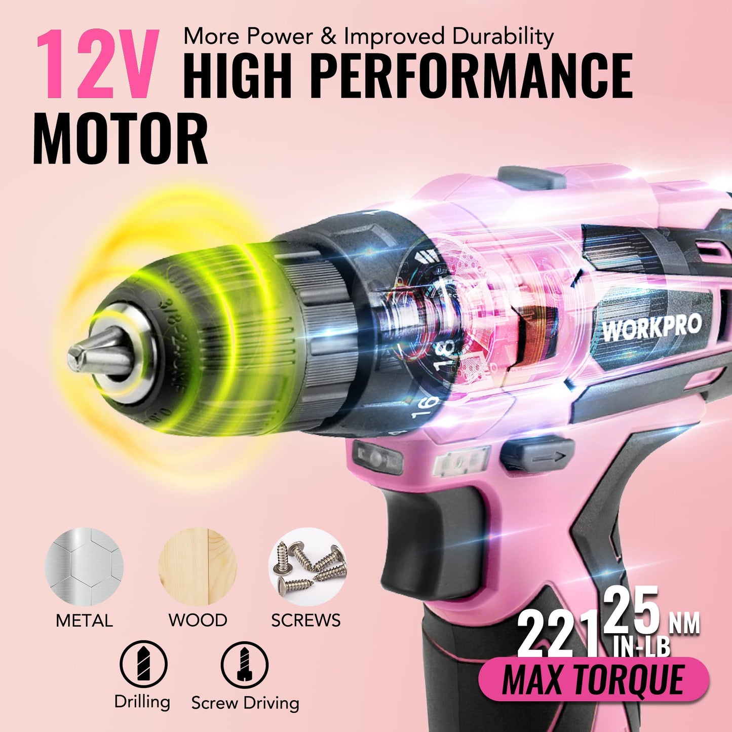 WORKPRO Pink Tool Set with Power Drill, 108PCS Portable Ladies Pink Drill Kit for Home with Toolbox and Pink Hammer, 1.5 Ah Cordless Drills with Keyless Chuck and Variable Speed Trigger - Pink Ribbon