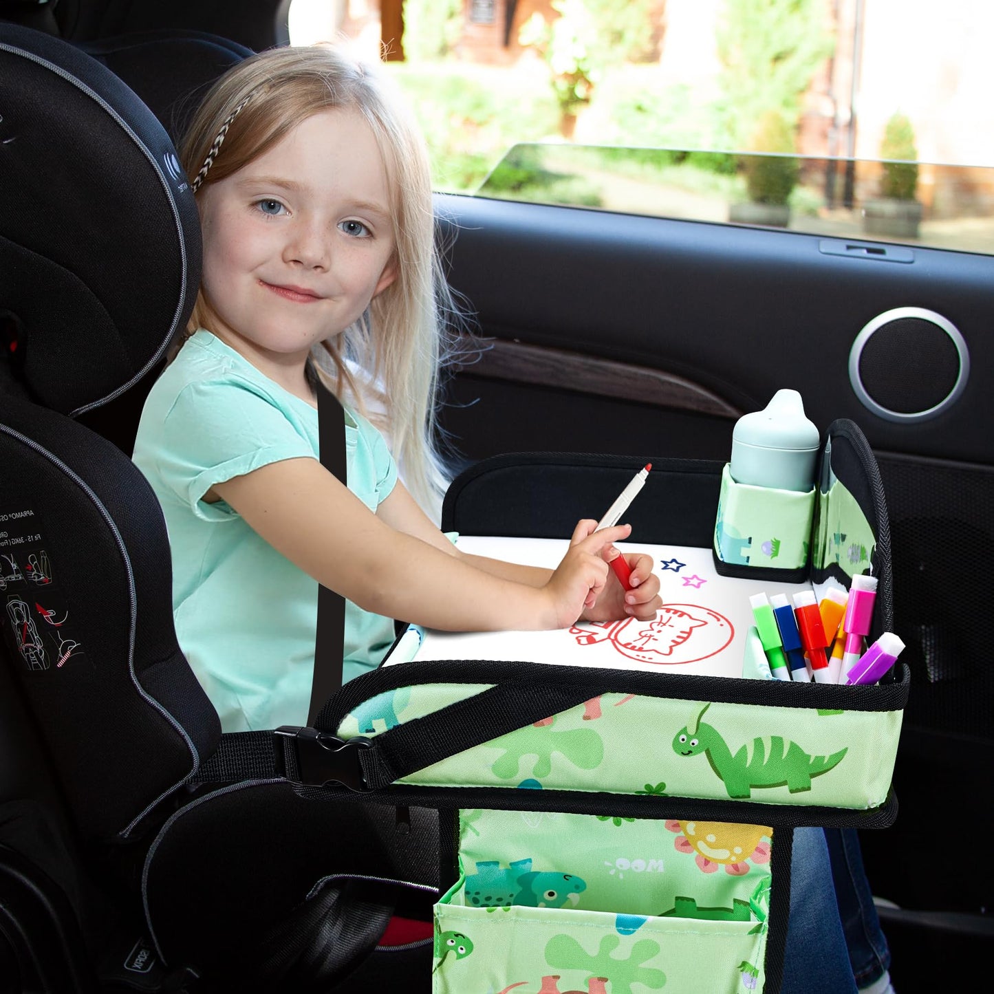 WENRENER Kids Travel Tray, Car Seat Tray for kids Travel, Toddler Road Trip Essentials With Drawing Kit, Toddler Lap Desk Organizer for Car, Carseat Table for Airplane