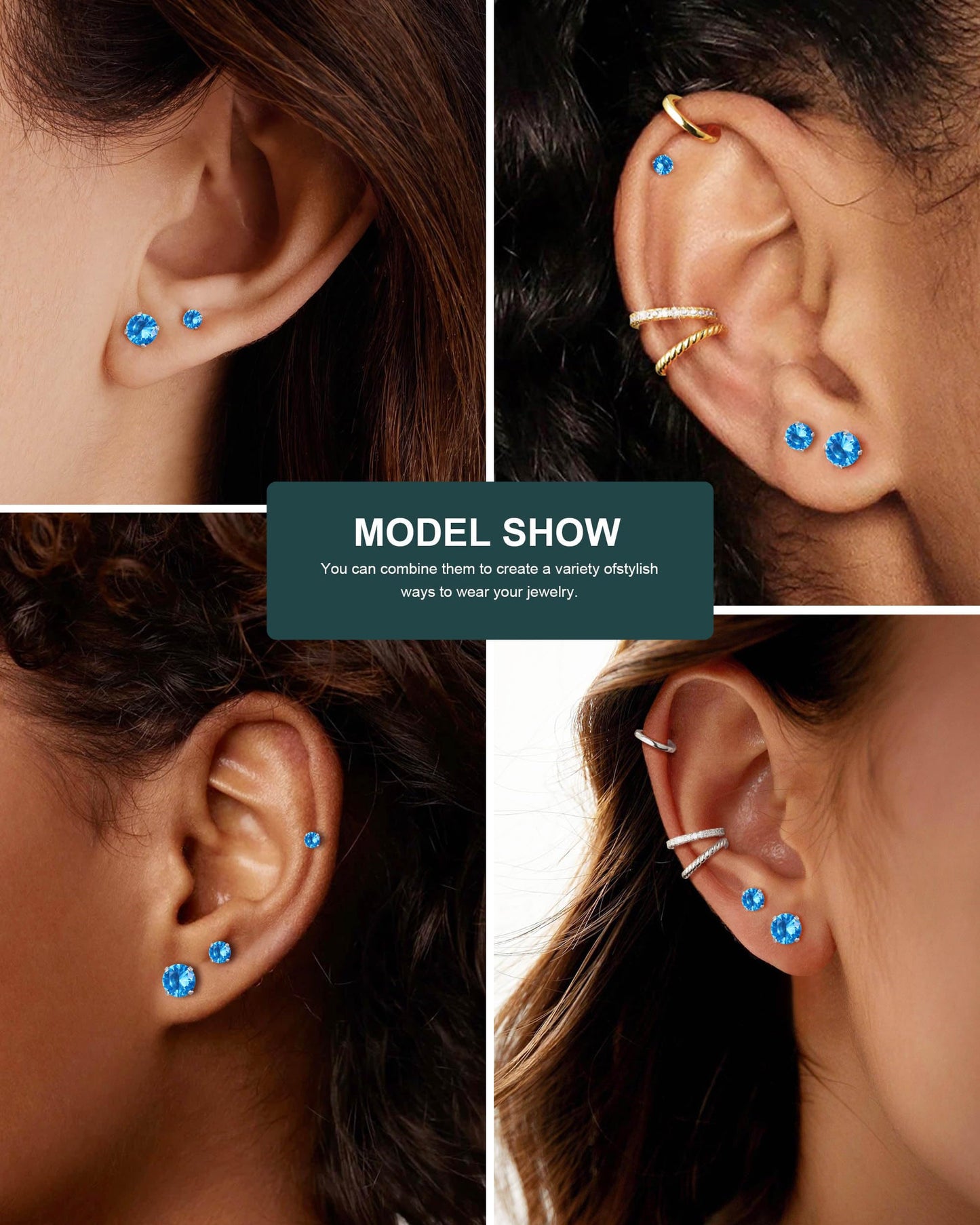 6 Pairs Stud Earrings Set, Hypoallergenic Cubic Zirconia Earrings 316L Stainless Steel CZ Earrings 3-8mm (Sea blue (Light blue) CZ)