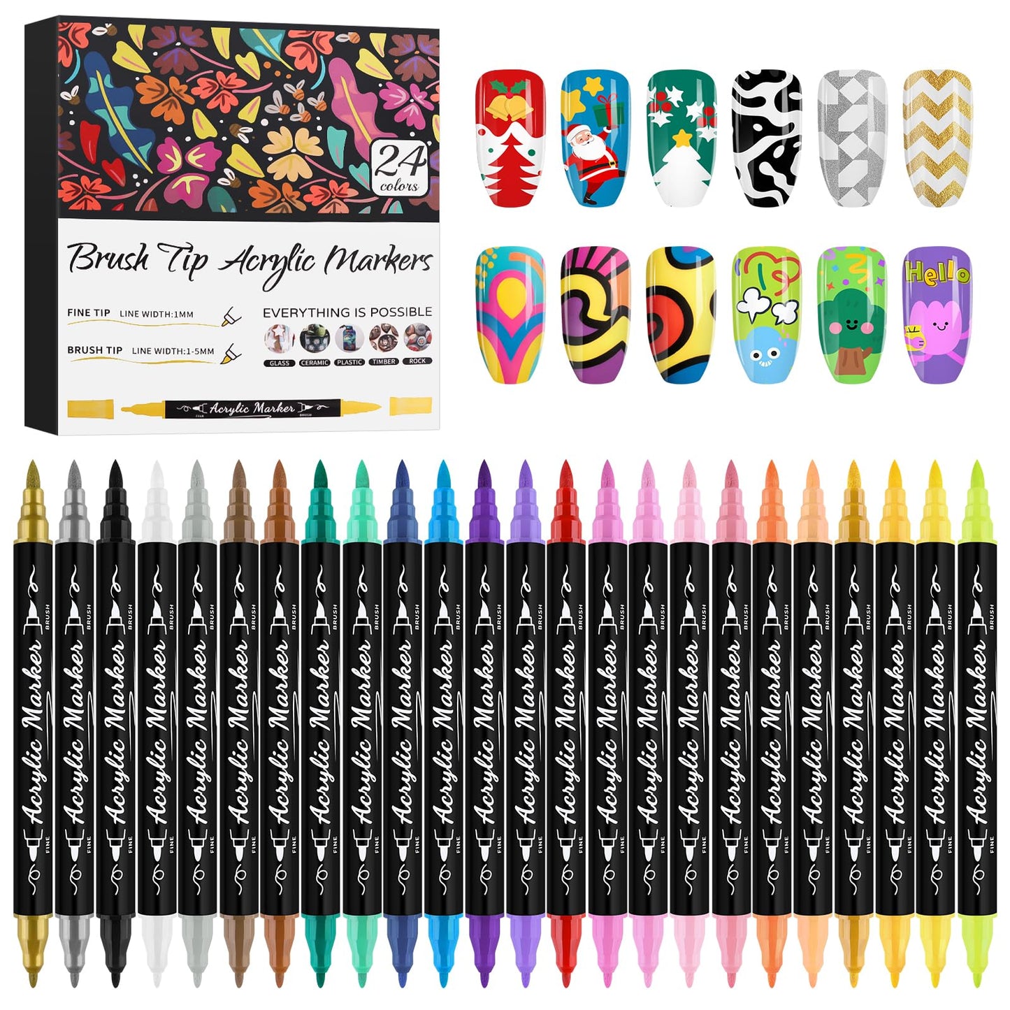 24 Colors Nail Art Markers Set, Kalolary 3D Nail Art Pens Double-headed Nail Point Graffiti Dotting Pen Quick-Drying Drawing Painting Liner Brush for DIY Nail Art Home & Salon Manicure Tools