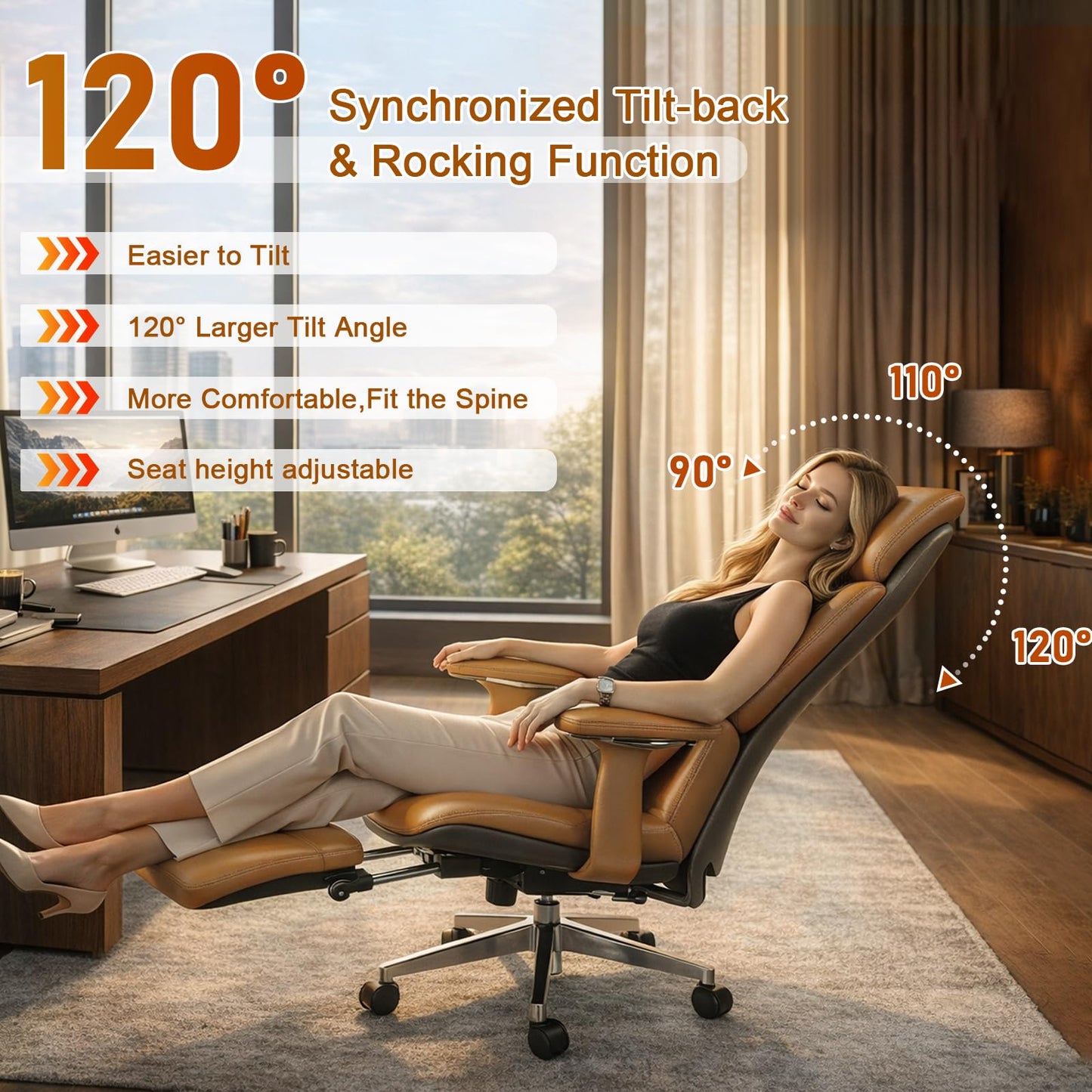 FurniBaron Genuine Leather Office Chair with Flexible Footrest, High Back Executive Office Chair with Lumbar Support, Adjustable Tilt Mechanism, Weight Capacity 400 lbs (Brown)