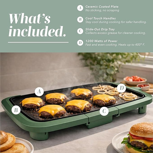 COOK WITH COLOR Electric Griddle 1200W, Nonstick Surface for Pancakes, Burgers, Eggs & More, Removable Temperature Control, Slide-Out Drip Tray, 10" x 16" Cooking Area, Dark Sage