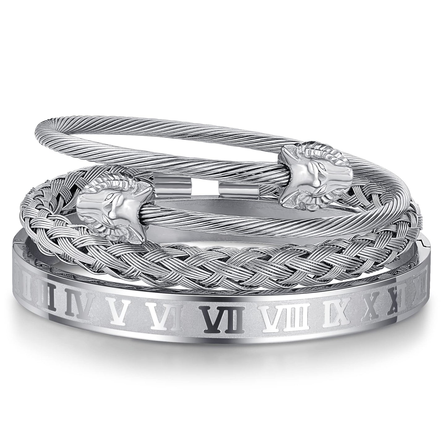 WFYOU 3PCS Stainless Steel Bracelets for Men Gold Roman Numeral Bangle Bracelet Twisted Cable Bracelet Adjustable Cuff Bracelet Mens Luxury Jewelry Bracelets Gifts(M:Silver)