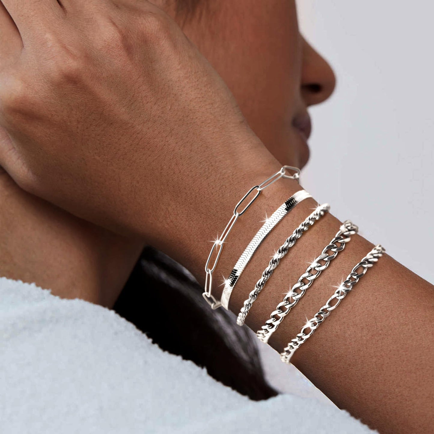 Poxtex Dainty Silver Bracelets for Women, Silver Bracelet Set Waterproof,Trendy Silver Bracelet Set StackableSimple Cuban Snake Rope Paperclip Chain Bracelet Jewelry Gifts for Women