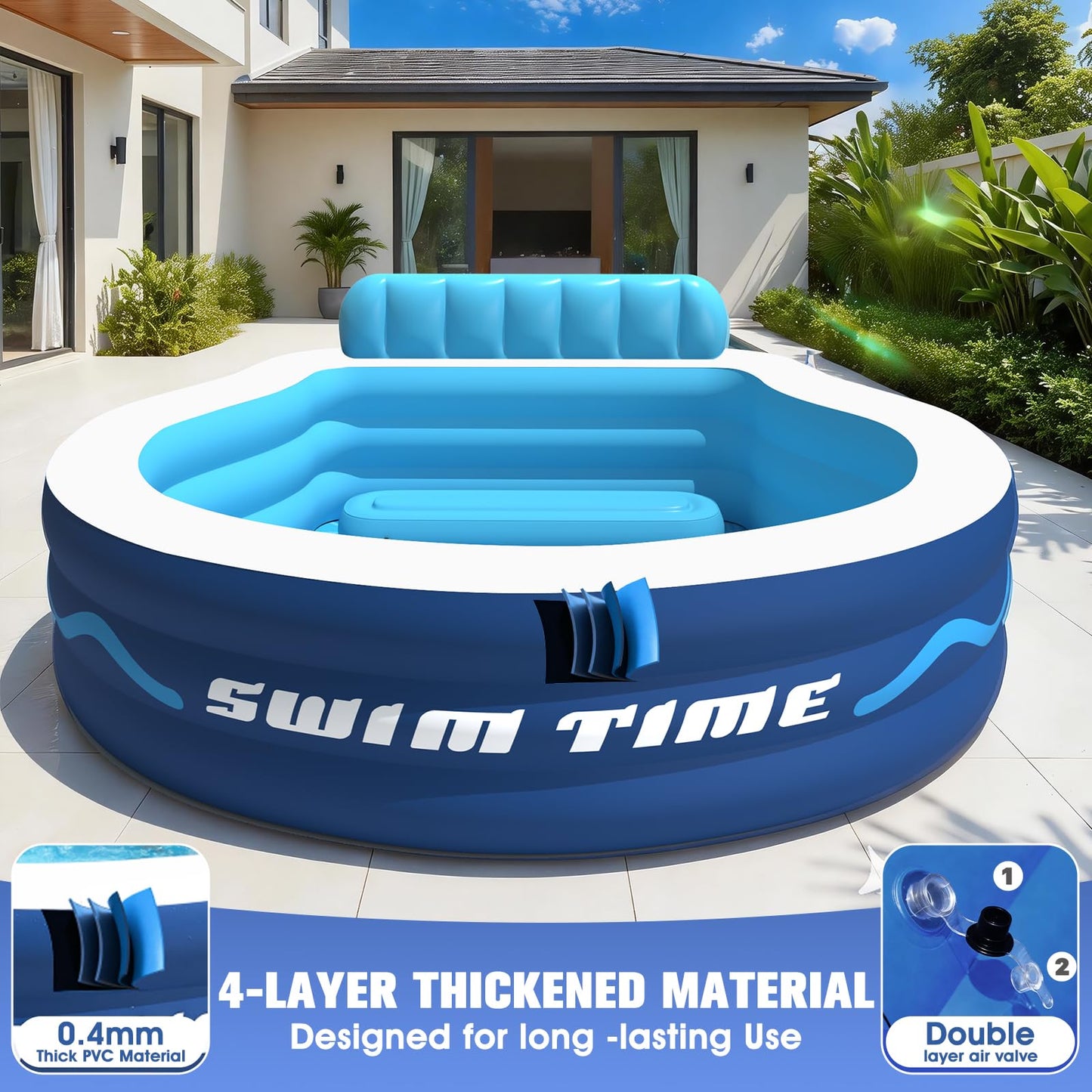 AixPool Inflatable Pool with Seats and Headrest,Oversized Thickened Large Blow Up Pool for Audlt,Inflatable Backyard Pools for Adult,Durable Swim Center Inflatable Family Lounge Pool 90"×90"×20"-White