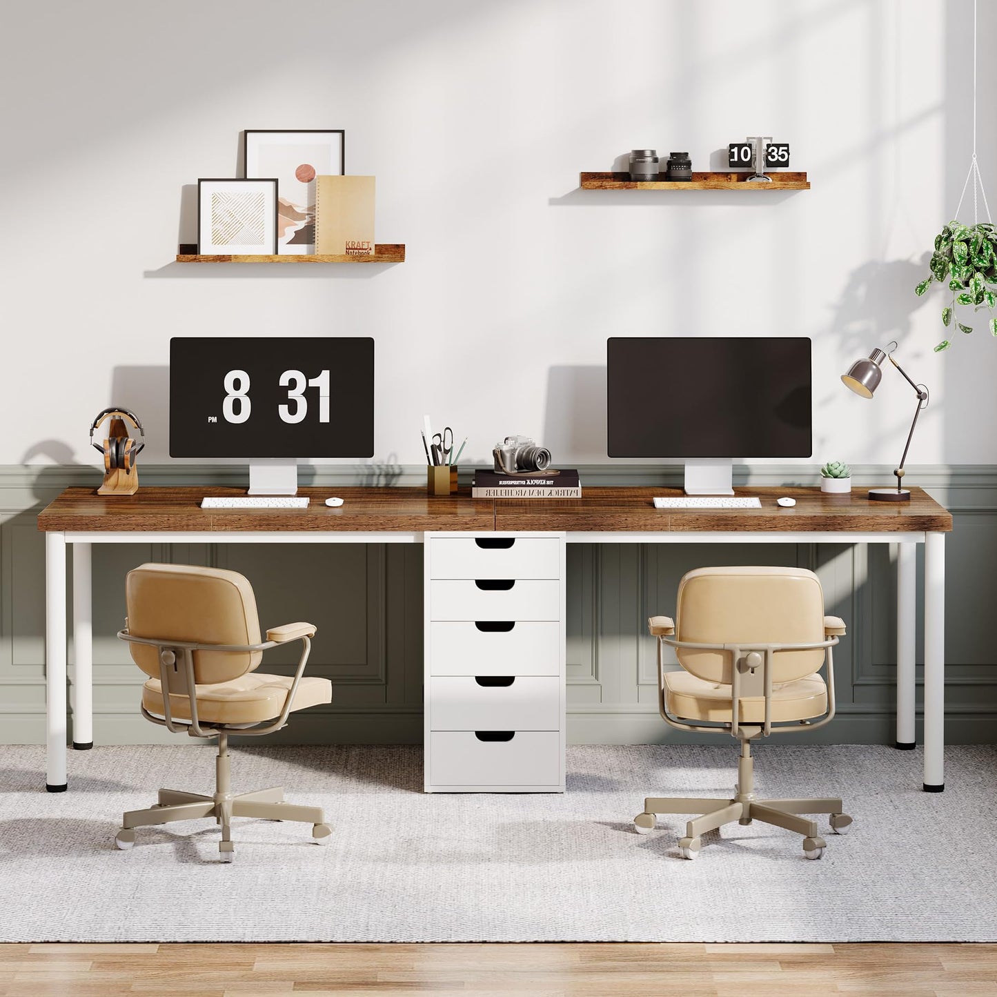 Tribesigns Two Person Computer Desk with 5 Drawers, 78.7 Inches Extra Long Double Office Desk, Modern Simple Double Computer Desk Study Writing Table Workstation for Home Office(Brown/White)