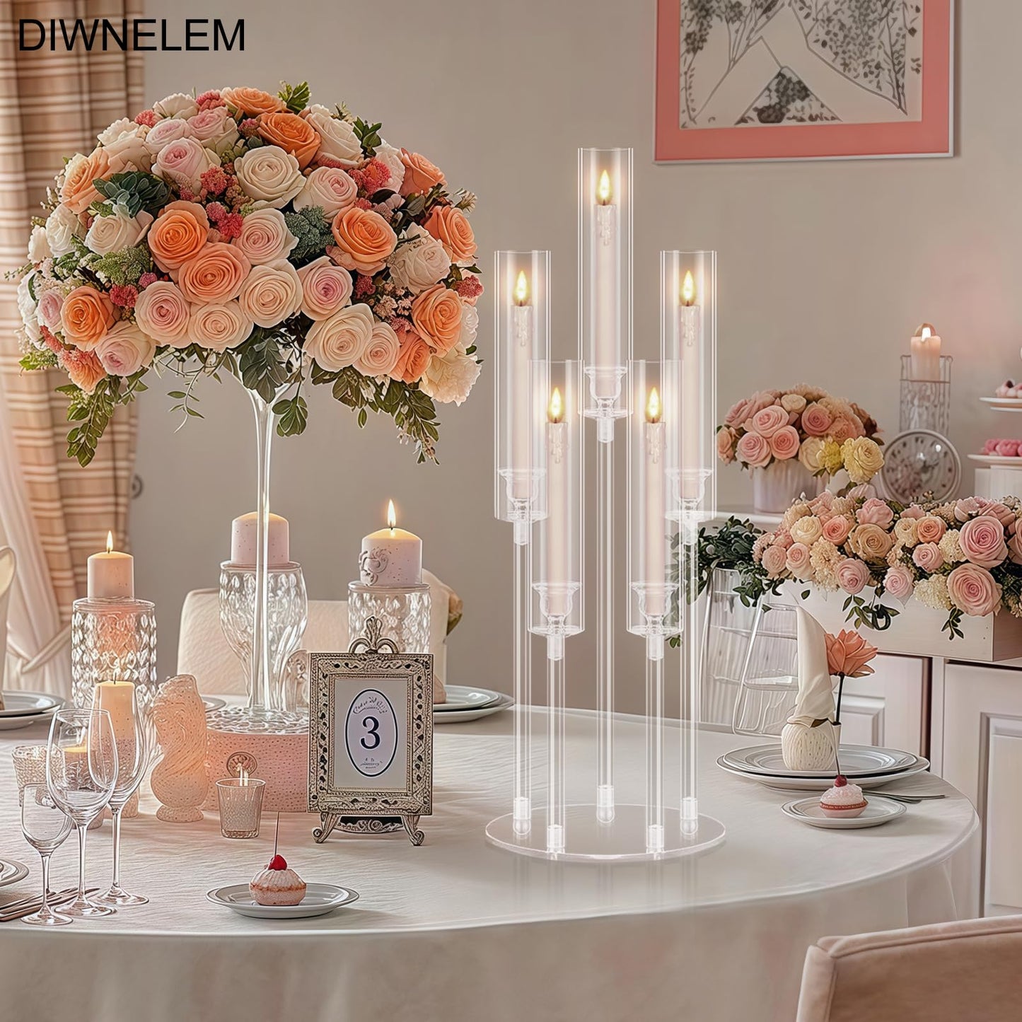 DIWNELEM 4Pcs Acrylic Candelabra Centerpieces for Wedding 5 Arm Clear Candle Candlesticks Holders 25.5" Tall Crystal Taper Candlestick with Shade Fit 0.87'' Led Candle for Christmas Party Home Decor"