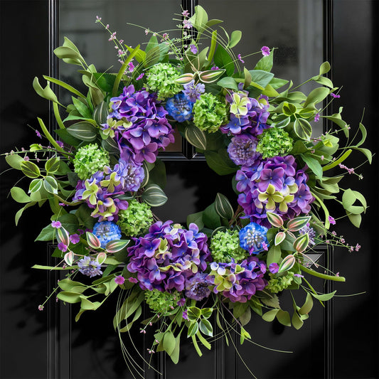 24 Inch Spring Wreath for Front Door, Artificial Hydrangea and Thistle Flowers, Spring and Summer Door Wreath with Lush Greenery, Summer Wreath for Indoor Outdoor Decor