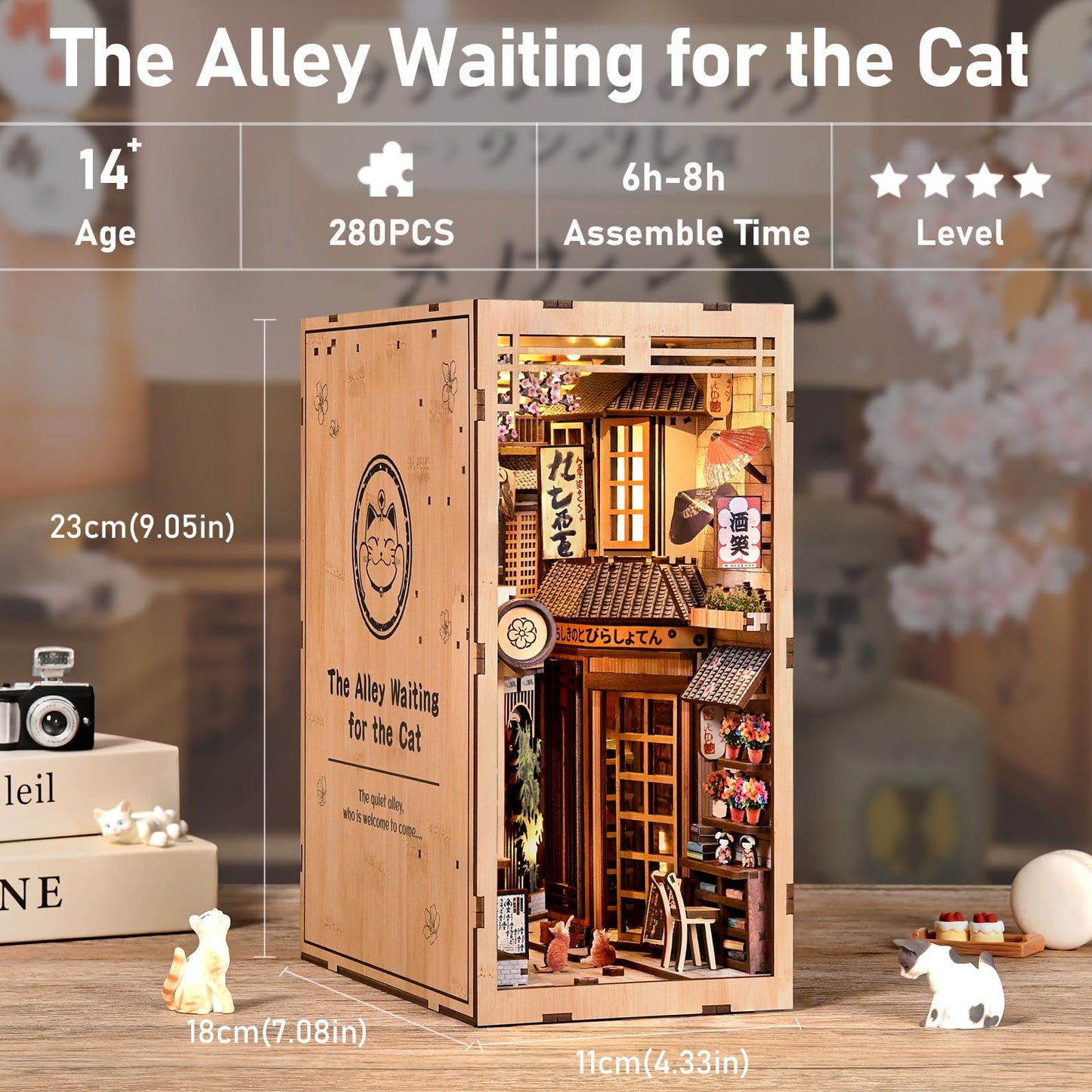 DIY Book Nook Kit, 3D Wooden Puzzle Bookend with LED Light, Japanese Street Alley Miniature House Model, Creative Shelf Insert Decor & Arts Crafts Gift for Adults Teens (The Alley Waiting for the Cat)