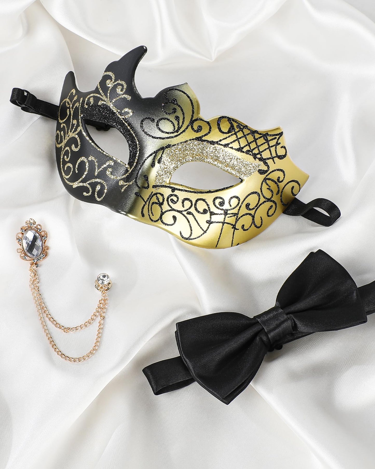 Zinniday 3 Pcs Masquerade Mask for Men, Black Gold Opera Venetian Mask Set with Rhinestone Brooch Bowtie, Opera Half Face Masks Kit for Man Halloween Prom Renaissance Carnival Party Accessory