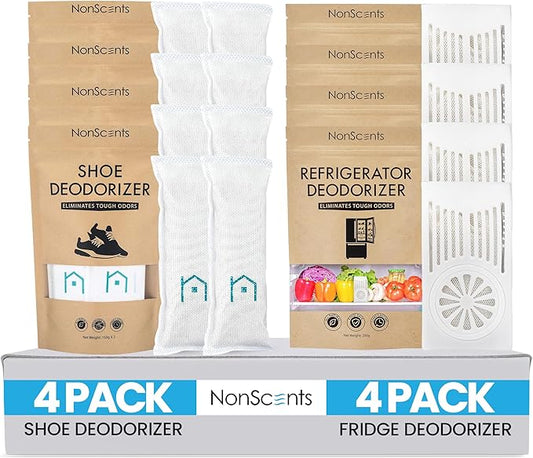 NonScents Shoe & Refrigerator Deodorizer Bundle - 4 Pack (8 Count) Shoe Odor Eliminator & 4 Refrigerator Deodorizer - Powerful, Reusable Odor Absorbers for Shoes, Fridge, Closets - Unscented Freshness