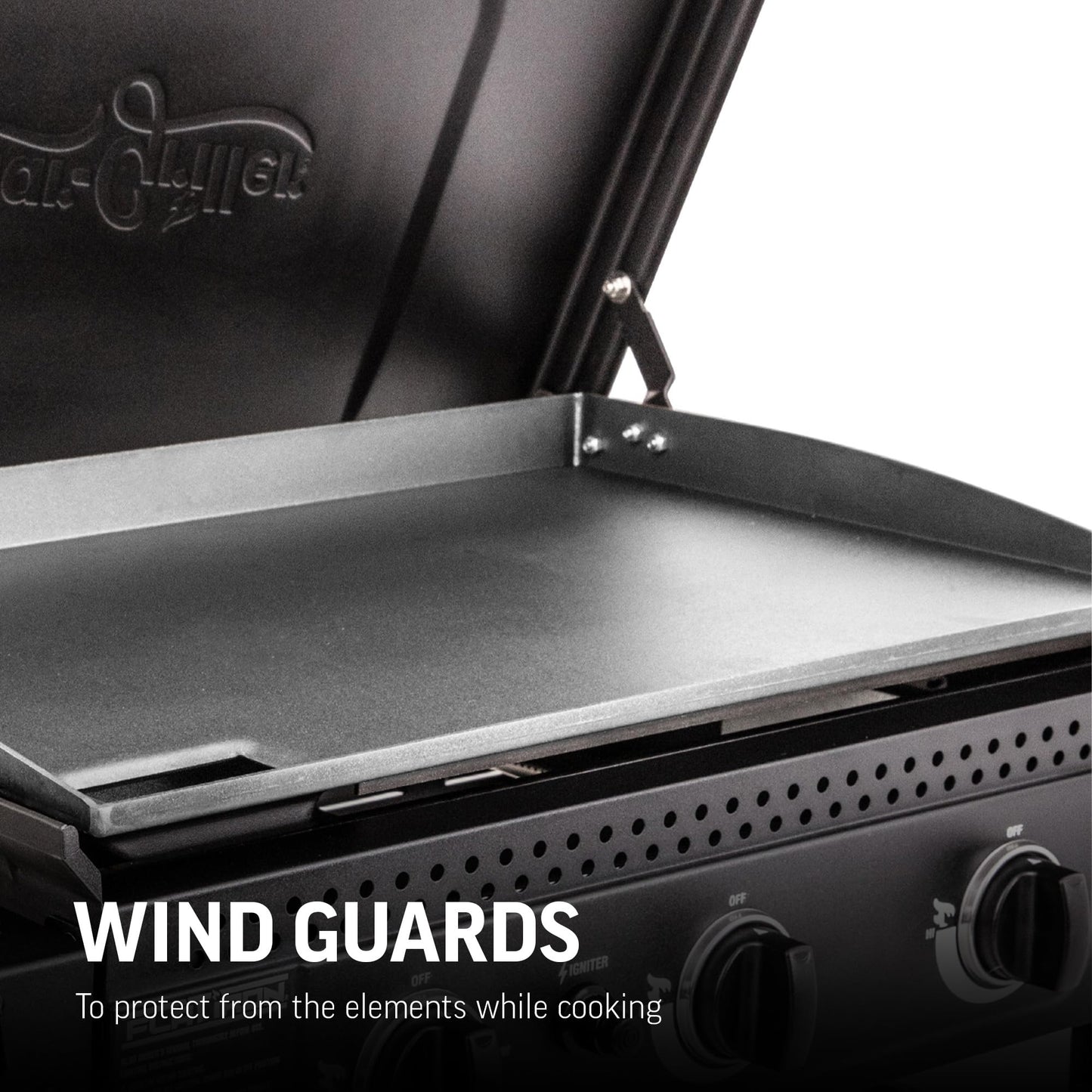 Char-Griller® Flat Iron 3-Burner Propane Gas Flat-Top Griddle with Steel Griddle Top, Hinged Lid and Wind Guards, 520 Cooking Square Inches in Black, Model 8428