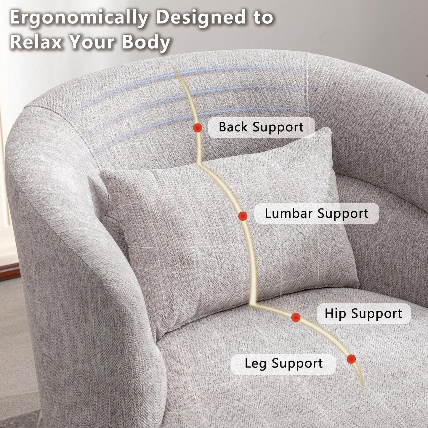 CANMOV Swivel Accent Chair, 360 Degree Round Swivel Barrel Chair with Pillow, Upholstered Comfy Barrel Armchair Single Club Sofa Chair for Living Room,Bedroom, Reading Room, Grey