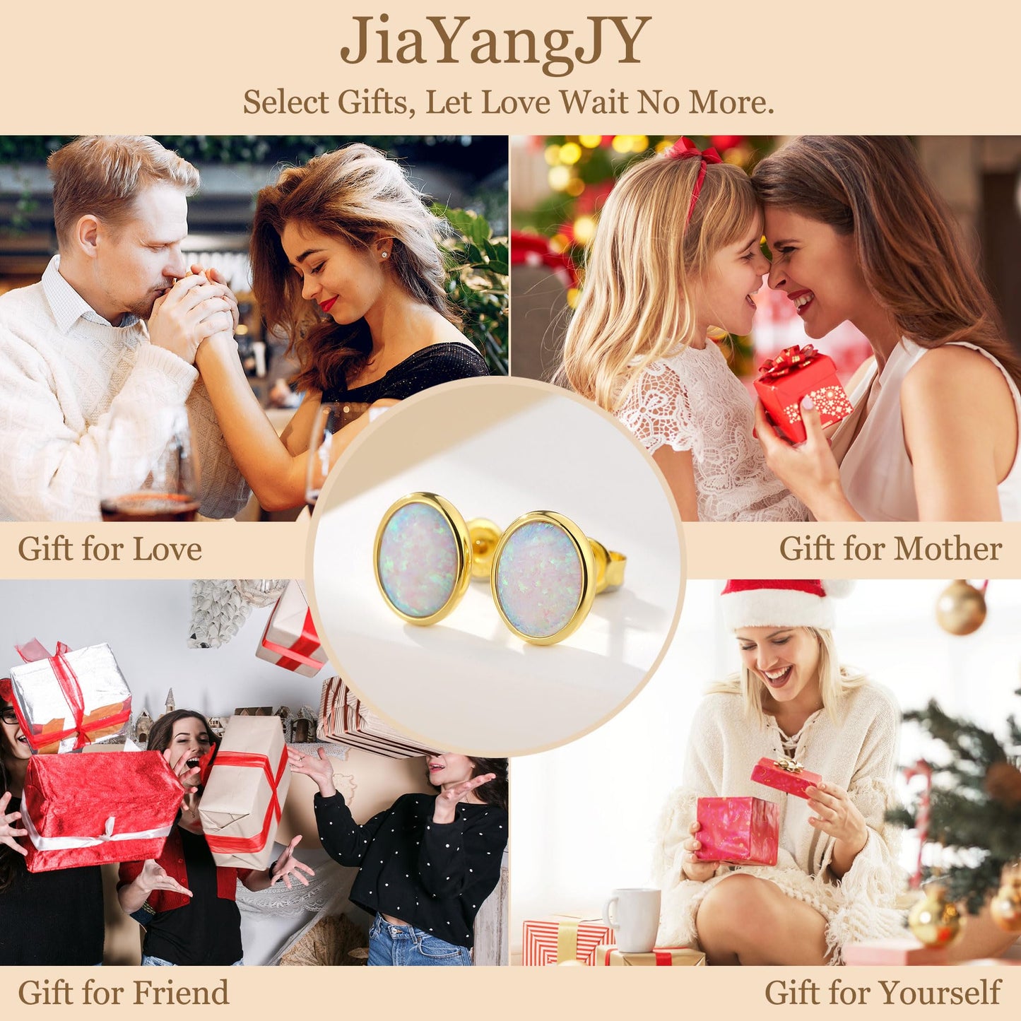 JiayangJY White Fire Opal Stud Earrings for Women 18K Yellow Gold Plated Sterling Silver Oval Shape 6mm Opal Earrings with Push Back
