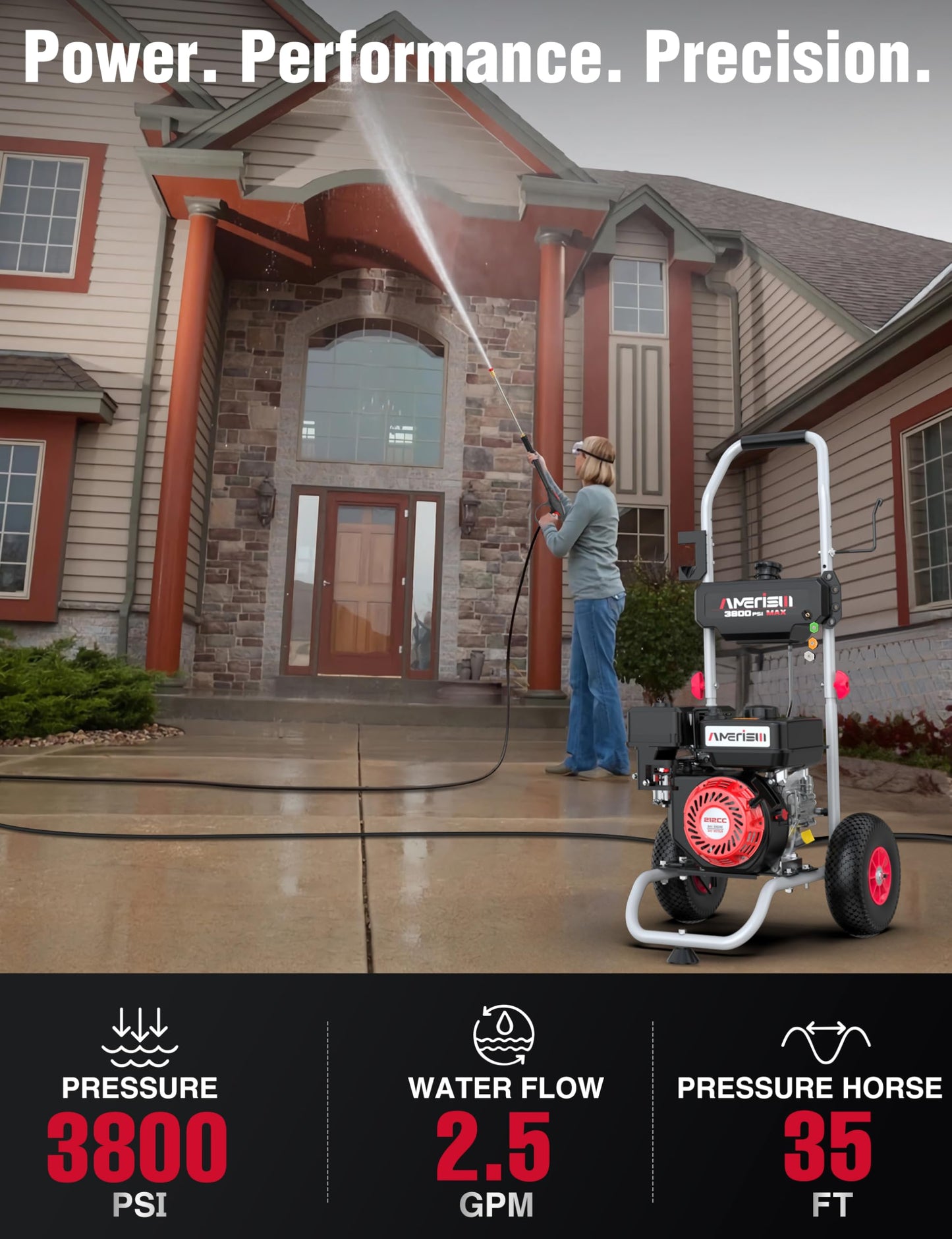 Gas Pressure Washer MAX 3800 PSI, MAX 2.5 GPM, 212CC, with Onboard Soap Tank, Metal Spray Wand, 5 Nozzles for Driveways, Cars, House Siding