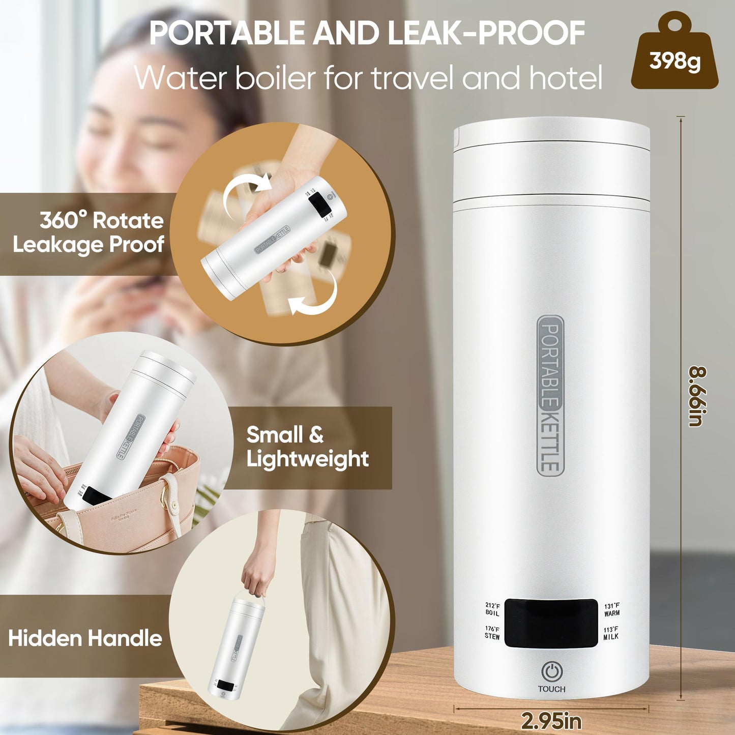 Travel Electric Kettle Portable Smart Hot Water Boiler Tea Coffee Heater 450ML, 316 Stainless Steel, 4 Temperature Control LCD Display Fast Boiling Water Auto Shut-Off Boil Dry Protection (White)