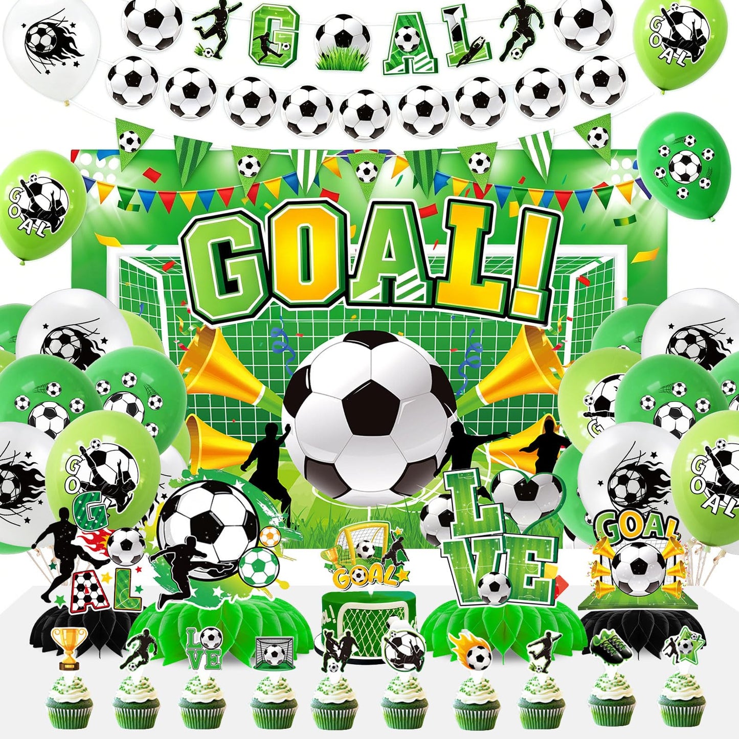 42 Pcs Soccer Party Decorations 2026- Football Watch Party Decorations Soccer Fan Celebration Kit with Backdrop, Banner, Balloons, Honeycomb Centerpieces & Cupcake Toppers for Global Soccer Event