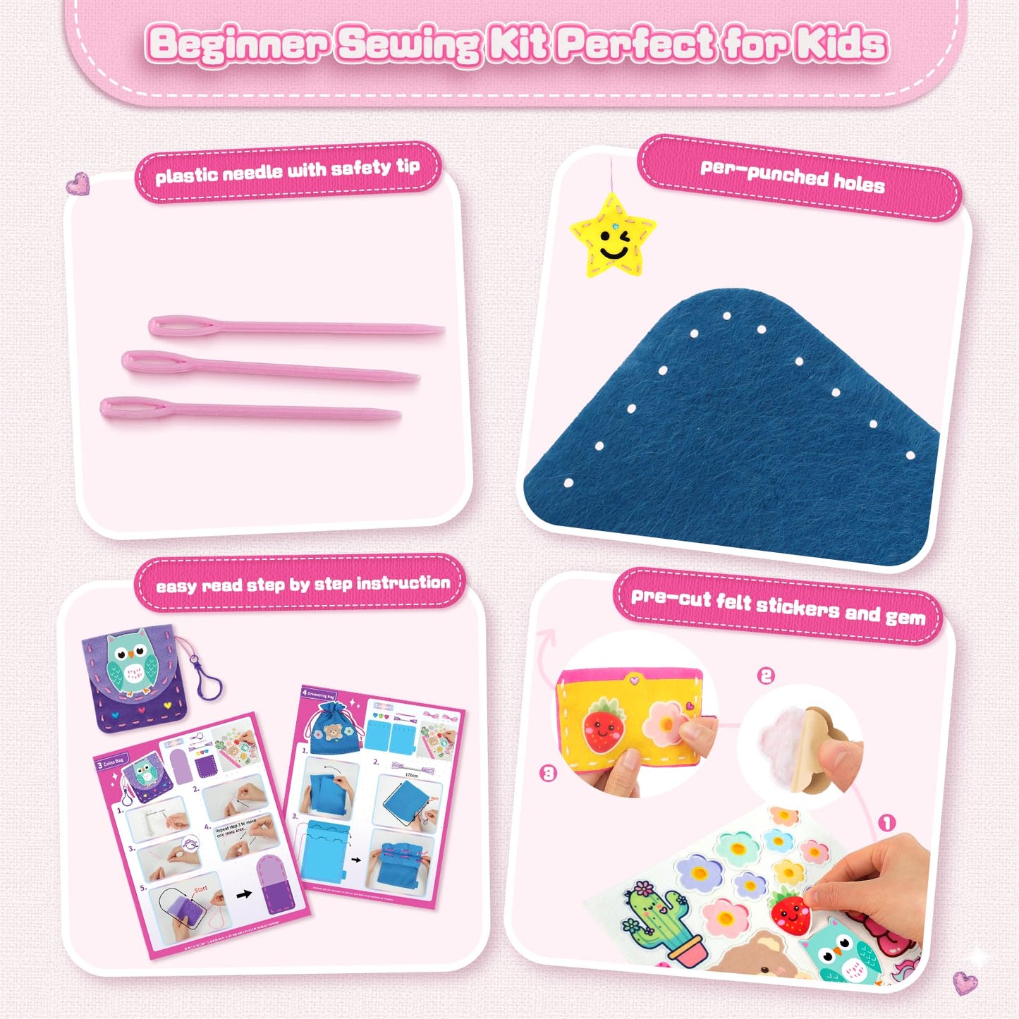 Sewing Kit for Kids Beginner, 10 Easy DIY Projects of Stuffed Animal Dolls & Purse Handbags, Learn to Sew with Felt Embroidery Craft, Arts & Crafts Gift for Girls & Boys Ages 6-12