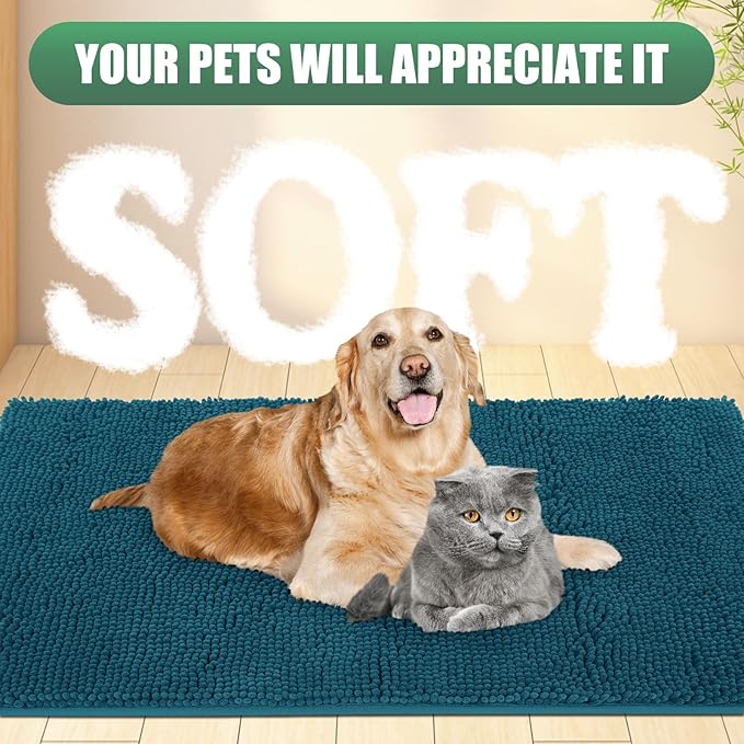 IM HOME Chenille Absorbent Outdoor Doormat 30" x 20", Washable Muddy Door Mats for Dog Non Slip Indoor Doormat Dog Mat for Muddy Paw Front Inside Doormats for Entryway Teal Blue