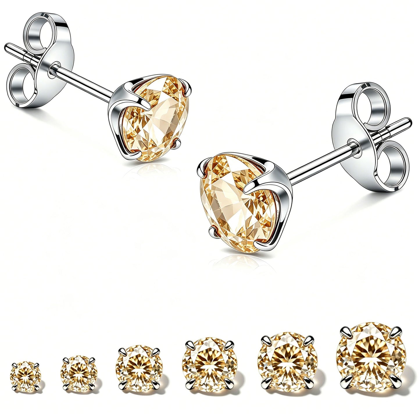 LNIEER 6 Pairs Surgical Steel Stud Earrings for Women, Hypoallergenic Fashion Earring Set, Premium Cubic Zirconia Studs Earrings 3-8mm (Champagne CZ)