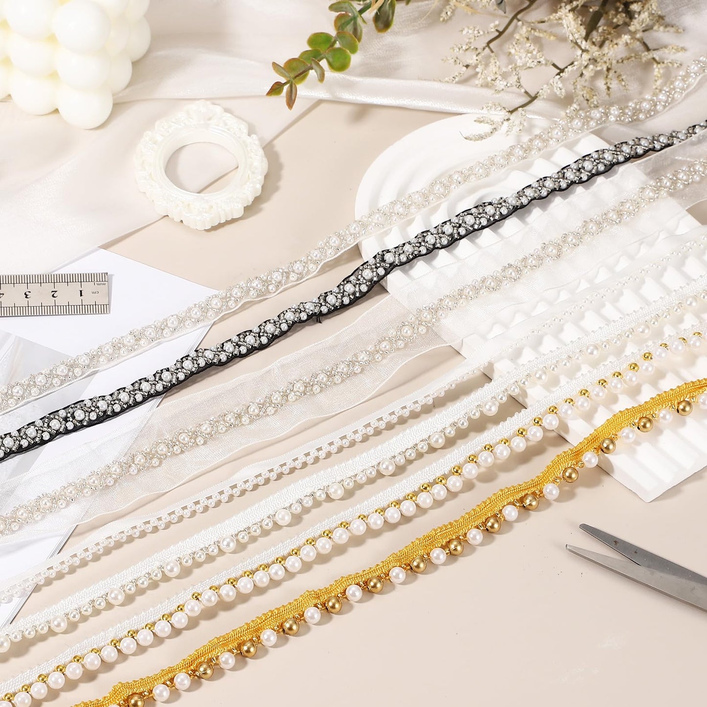 uxcell 2 Yards Pearl Beaded Trim, 1cm Bridal Lace Ribbon Trimming Edge Embellishments for Sewing Wedding Party Dress Fabric DIY Craft, Black