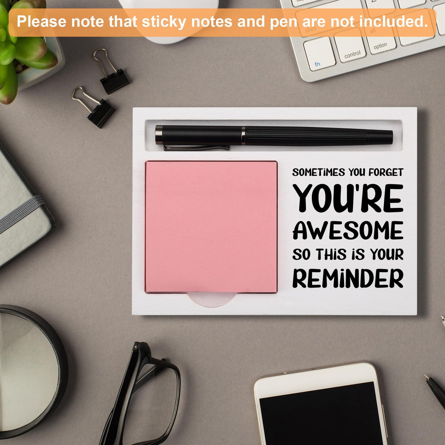 You're Awesome Desk Note Holder Motivational Gift for Coworker Friend Boss, White Wood Pen and Sticky Note Organizer Tray, Inspirational Office Decor for Women Men, Appreciation Gift, NPB604