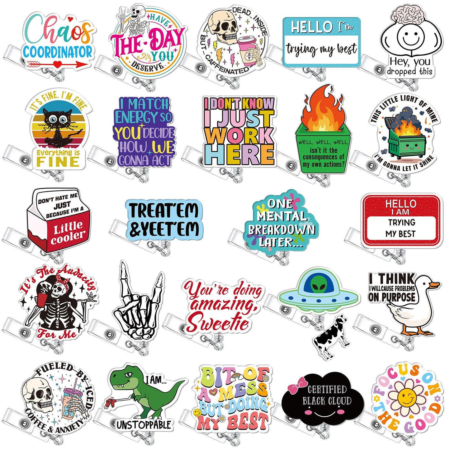 Feifeiya 24 Pcs Funny Badge Reel Nurse Cute Retractable Name ID Clip Badge Holder for Doctor Student Medical Assistant Coworker Work Accessories Bulk Gifts(Funny Style)