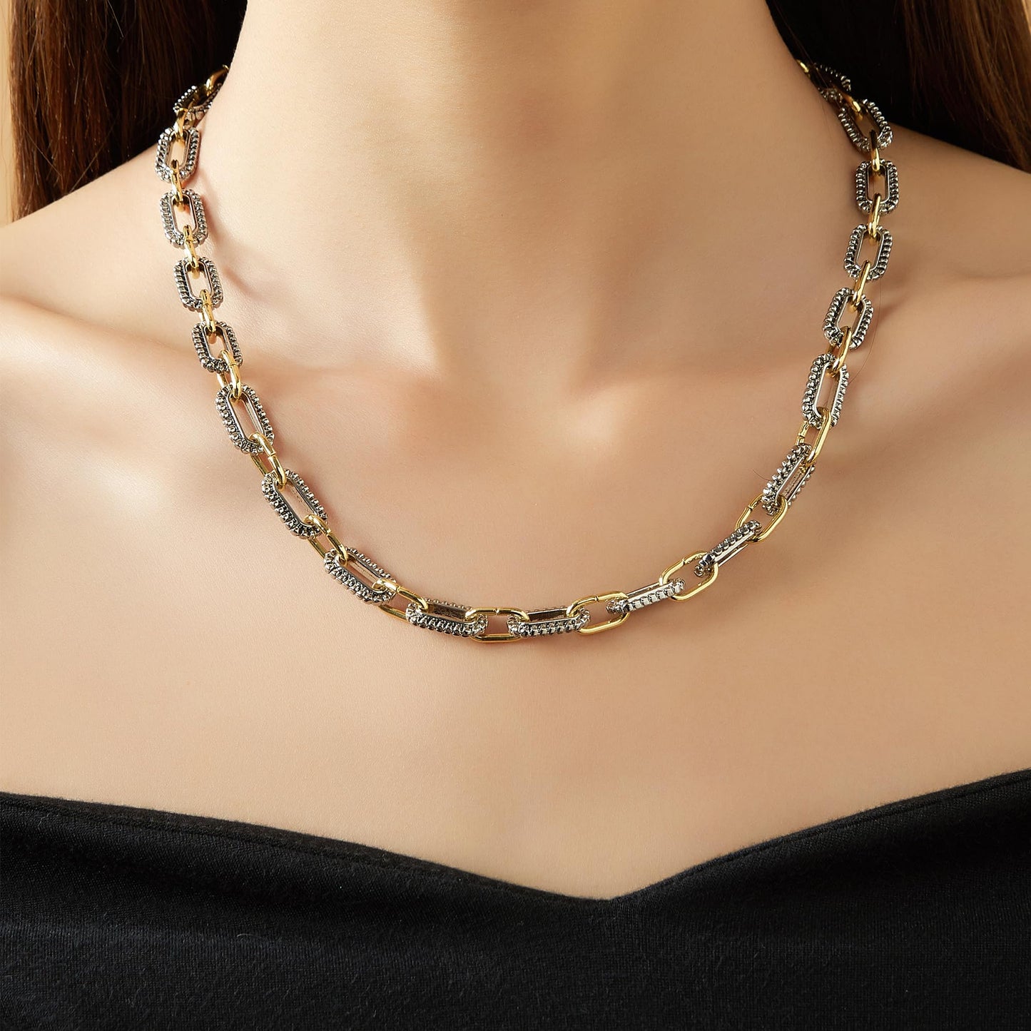 Mytys Women's Link Necklace 18k Gold Plated Double Twist Wire Gold and Silver 2 Tone Chain Necklaces Christmas New Year Jewelry (Long Gold & Silver 7)