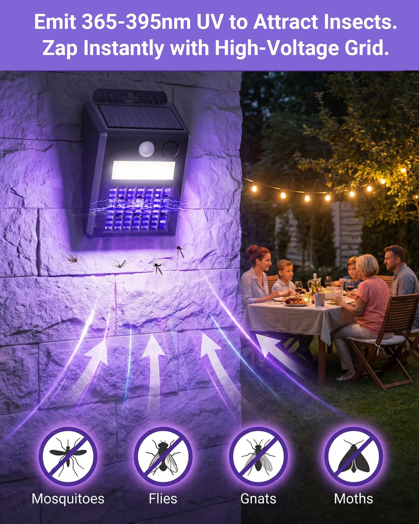 Peepst Solar Bug Zapper Outdoor - 2-in-1 Waterproof Cordless Mosquito Zapper with 3 Modes, Motion Sensor Light & UV Light, Rechargeable Mosquito Killer Lamp for Patio Yard Garden (Black)