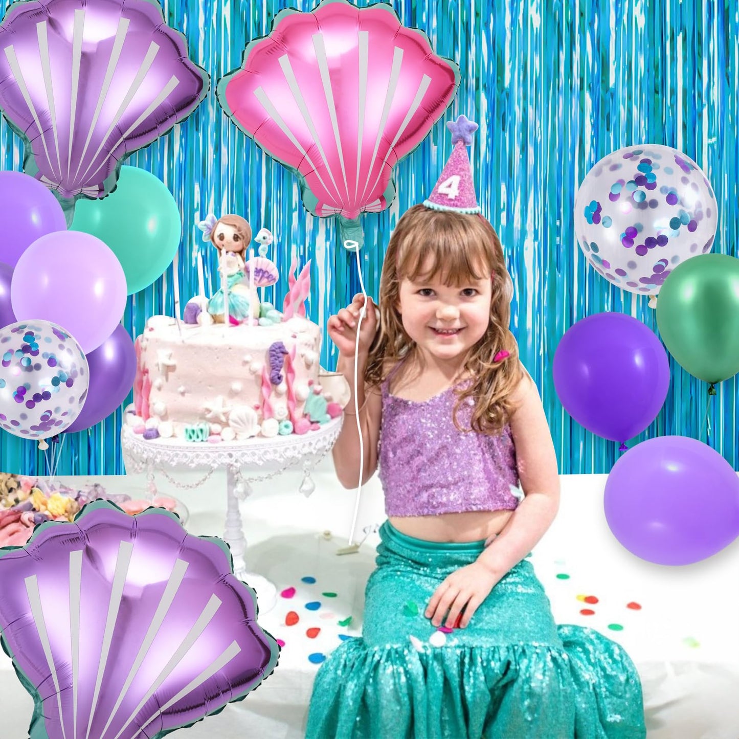 SNLN 139Pcs Mermaid Birthday Party Decorations Supplies for Girl Kid, Mermaid Balloon Arch & Backdrop Tablecloth Fringe Curtain Tail Shell Star Foil Balloon, Princess Themed Mermaids Party Decoration